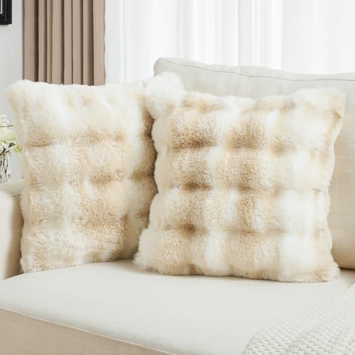FUTEI Pack of 2 Faux Fur Throw Pillow Covers 20x20 Inch Soft Raised Textured Decorative Cushion Cases Modern Farmhouse Accent for Couch Bed Living Room, Beige White