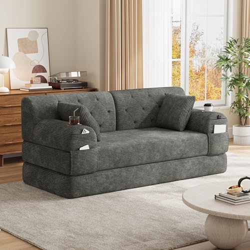 Ball & Cast Folding Sofa Bed 160cm King Size, Convertible Modular Sofa, Corduroy Boneless Couch with Metal Frame, 2 Seater Floor Futon Mattress, Non Slip Base, Washable Cover,Dark Gray