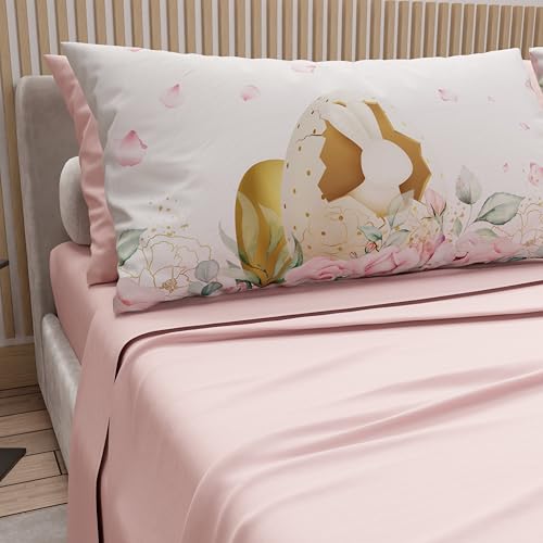 PETTI Artigiani Italiani - Easter Cotton Sheets with Pillowcases in Digital Print, Single Bed Sheet, Easter Bed Set, 12 Powder, Made in Italy