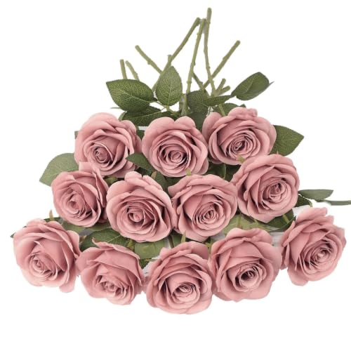 JUSMAI 12pcs Roses Artificial Flowers Dusty Rose Fake Flowers with Long Stems Silk Flowers for Wedding Bouquet Centerpices Decorations Party Bridal Baby Shower Home Decor