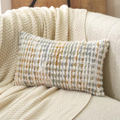 Boho Chenille Tufted Pillow Cover 12x20 Inch, Rectangle Decorative Lumbar Throw Pillow Cover Neutral Pillowcase for Couch Bedroom Living Room, Yellow White
