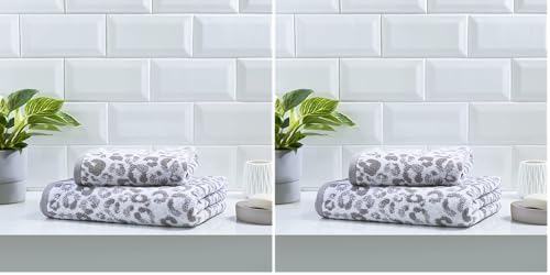 Fusion Bathroom - Animal Print - 100% Cotton Jacquard Hand Towel - 50 x 90cm in Grey (Pack of 2)