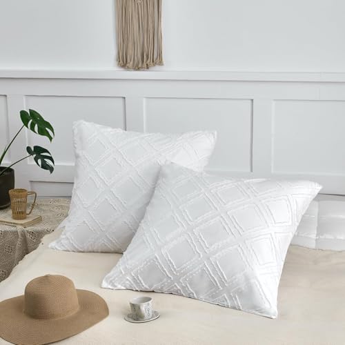 xuan dian Square Pillow Shams 2 Pack, Square Size Pillowcases, Soft Microfiber Geometric Tufted Pillow Covers with Envelope Closure, White, 26x26 Inches (No Insert)