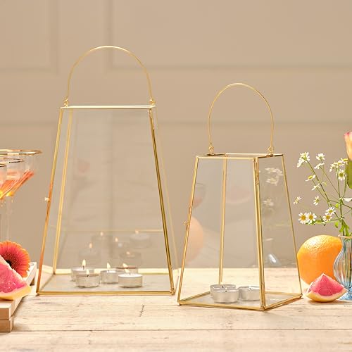 Set of 2 Gold Rimmed Hurricane Glass Candle Holders – Elegant Large and Small Set for Wedding or Home