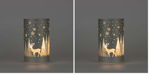 SHATCHI 17cm Christmas Decorated Vase Table Lamp Etched Glass Tube Xmas Silver Cylinder LED Fairy Lights Battery Operated Table Decoration (Pack of 2)