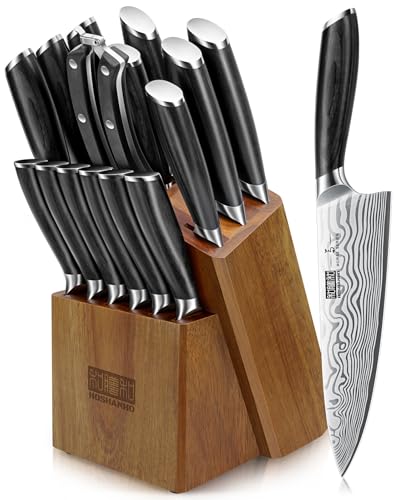 HOSHANHO 16-Piece Knife Set with Block, Ultra Sharp Kitchen Knife Block Set - High Carbon Powder Steel Chef Knife Set, Professional Kitchen Knives Set with Sharpener and Pakkawood Handle, Elegant Box