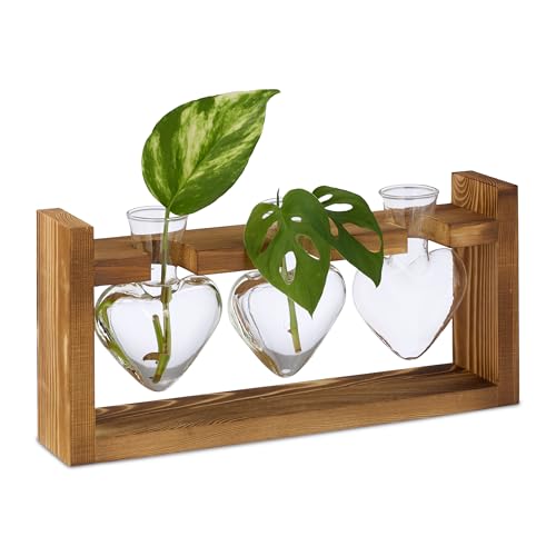 Relaxdays Plant Propagation Station, Heart Glass Vases with Stand, for Cuttings, Hydroponic, 13x28x6.5 cm, Clear/Brown