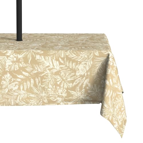 LVTXIII Rectangle Outdoor Tablecloth with Zipper Umbrella Hole, Water-Repellent 60 x 84 Inch Patio Table Cover for Picnic, Garden, Backyard Dining, Tropical Leaf Oat
