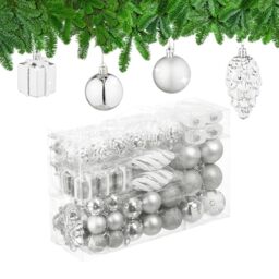 Relaxdays Christmas Baubles Set of 72, Glittering, Matt & Shiny Tree Decorations, Boots, Heart & Cones, Plastic, Silver