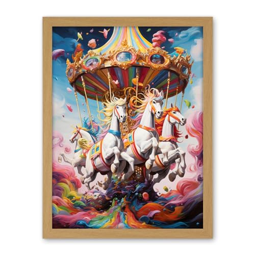 Artery8 Magical Carousel in Rainbow Clouds Bright Bold Vibrant Fantasy Kids Bedroom Baby Nursery Artwork Framed Wall Art Print 18X24 Inch