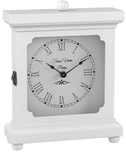 "Tasse Verre White Clock for Shelf Table Or Desk 9""x7"" - Farmhouse Decor Wood Mechanical Quiet Silent - Office, Bedroom Fireplace Mantel Living Family Room. AA Battery Operated Non-Digital"