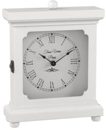 "Tasse Verre White Clock for Shelf Table Or Desk 9""x7"" - Farmhouse Decor Wood Mechanical Quiet Silent - Office, Bedroom Fireplace Mantel Living Family Room. AA Battery Operated Non-Digital"