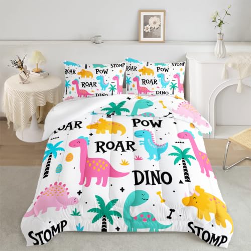 Axolotl Girls Bedding Cartoon Dinosaur Comforter Set Queen Size,Cute Dinosaur Bedding Set for Girls Teens Kids Boys Adults Room Decor,Kids Comforter Set All Season,1 Quilt 2 Pillow Cases,White