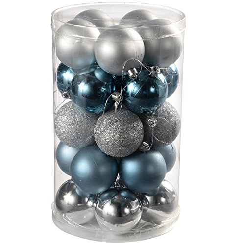 WeRChristmas 25-Piece Variety Christmas Tree Baubles Decoration Pack, Blue/Silver