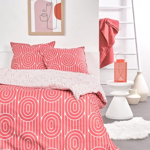 TODAY Sunshine Geometric Print Cotton Double Duvet Cover Set – Coral Pink/White – 220 x 240 cm