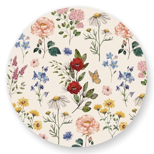 JarThenaAMCS 50Pcs Floral Round Paper Placemat Wildflower Disposable Place Mat Retro Floral Decorative Paper Table Mat for Spring Wedding Bridal Shower Party Table Setting, 13 x 13 Inch