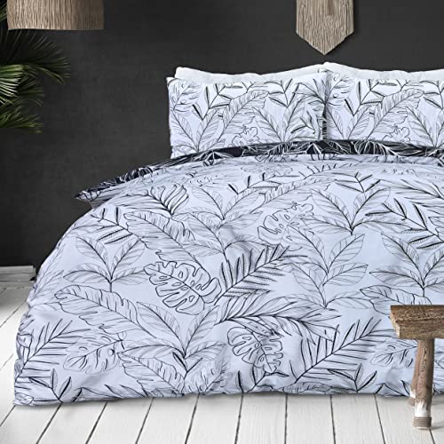 Sleepdown Tropical Palm Tree Floral Mono White Black Reversible Soft Easy Care Duvet Cover Quilt Bedding Set with Pillowcases - Super King (260cm x 220cm)