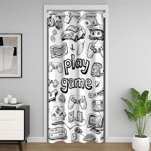 "Erosebridal Gaming Doorway Curtain, 42""W x 80""L Blackout Curtain, Modern Style, Multi-Purpose, Unisex, Kid-Friendly, Black White Printed Bedroom Closet Door Decor"