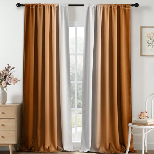 Yakamok 100% Blackout Curtains 95 inches Long, Room Darkening Burnt Orange and Greyish White Curtains Ombre for Bedroom,Gradient Rod Pocket Window Curtains for Living Room,2 Panels,52x95 inch