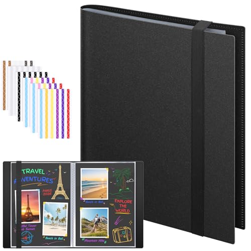 Euqvunn Photo Album Scrapbook with Clear Photo Protection, Memory Book 48 Page Self Adhesive, Personalised A4 Travel Scrapbook Kit for Family Wedding Anniversary DIY Writing Drawing Gift (Black)