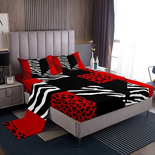 Castle Fairy Leopard Zebra Bottom Sheet Full,Wild Animals Skin Bedding Set 4pcs for Teens Adults,Red Black Geometric Striped Heart Sheet Set Romantic Microfiber Fitted Sheet+Flat Sheet+2 Pillowcases