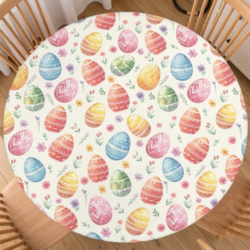 ABSOP Easter Round Fitted Tablecloth with Elastic Edge 40-44 Inch Colourful Easter Egg Pattern Table Cover Washable Spring Holiday Table Cloth for Kitchen Dining Party Patio Picnic