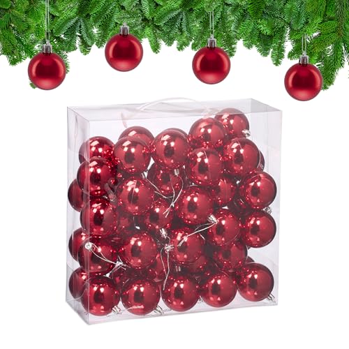 Relaxdays Christmas Baubles, Set of 50, Festive Tree Ornaments, D: 6 cm, Holiday Decorations, Plastic, Shiny, Red