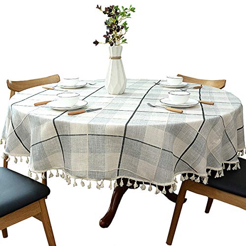 Heavyweight Cotton and Linen Tablecloth, Plaid Tassel Round Table Cover, Suitable for Small Kitchen and Dining Room Tables, 30 Inches - 40 Inches in Diameter, Round, Grey Check