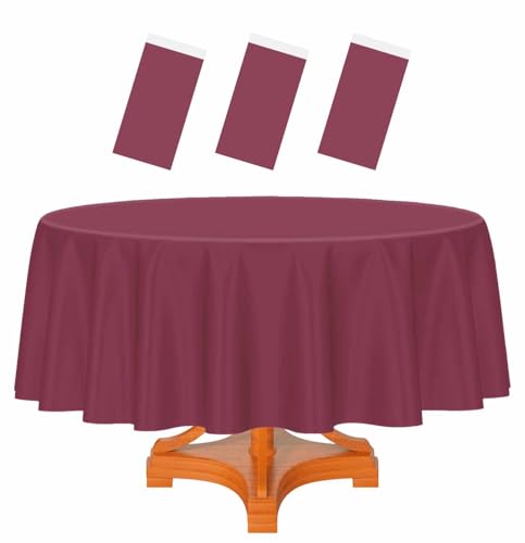HEIPINIUYE 3 Pack Burgundy Round Tablecloth 84 Inch Round Plastic Table Cloth Waterproof Disposable Round Table Cover for Party Birthday Camping Picnic Baby Shower