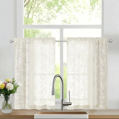 OVZME Ivory Sheer Curtains Tier 36 inch Length 2 Panels Set, Light Filtering Elegant Textured Short Bird Curtains for Bedroom Basement Small Window, Dual Rod Pocket, 2x42Wx36L Inches