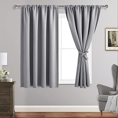 JIUZHEN Blackout Curtains for Bedroom - Thermal Insulated Noise Reducing Privacy Short Curtain for Living Room, Set of 2 Panels with Tiebacks, 52 x 45 inches Long, Silver Grey