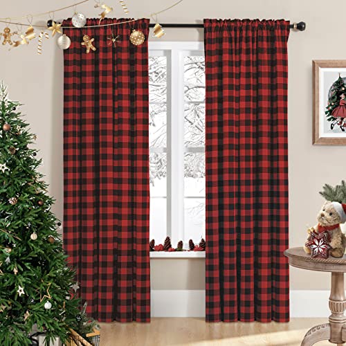 Melodieux Buffalo Check Plaid Curtains for Living Room, Farmhouse Gingham Style Cotton Texture Rod Pocket Bedroom Semi Curtain Drapes, Black Red, 52 x 84 Inch(2 Panels)