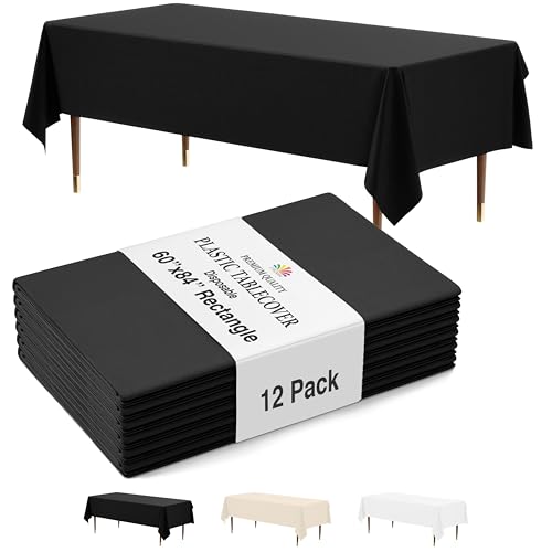 Party Solids 12-Pack Black Plastic Reusable Tablecloth ??? Size: 60 ?? 84 Inches ??? Rectangle Table Cover for Parties, Picnics & Formal Events
