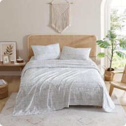 Indigo Ink - Queen Size Sheet Set, 4-Piece Boho Geometric Patterned Bedding, Soft & Wrinkle Resistant (White Denim Collection, Taupe)
