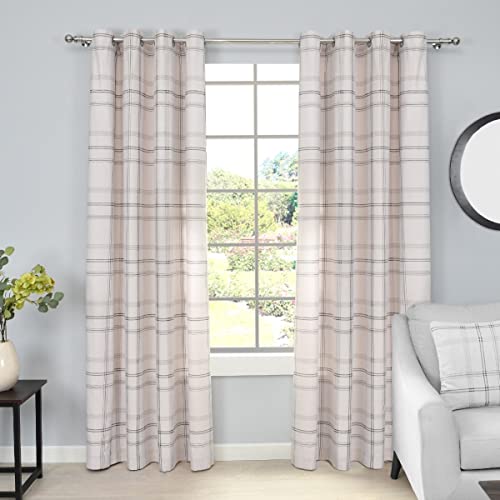 Sleepdown Printed Check Thermal Insulated Eyelet Curtains for Bedroom and Living Room - 66x54 - Natural - 2 Panels