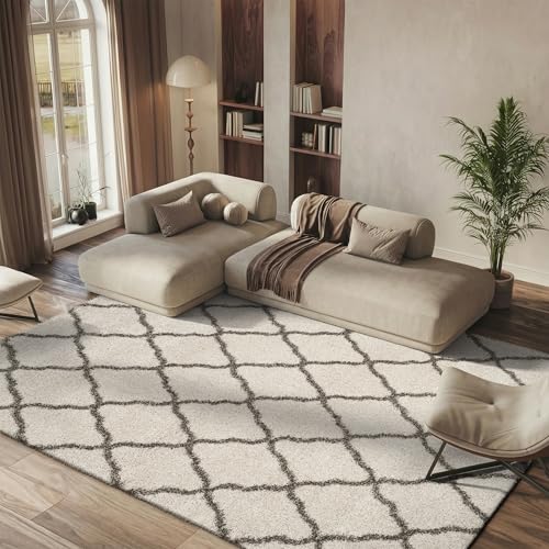 Safavieh Shaggy Indoor Woven Rectangle Area Rug, Hudson Shag Collection, SGH283, in Ivory / Grey, 155 X 229 cm for Living Room, Bedroom or Any Indoor Space