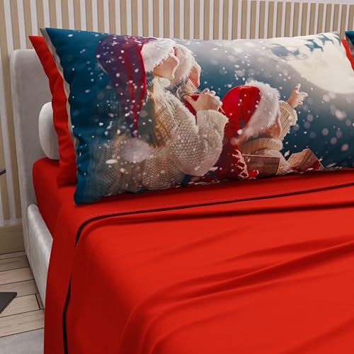 PETTI Italian Artisans - Cotton Sheets with Christmas Digital Print Pillowcases, Christmas Double Sheets, Christmas Double Bed Set, Xmas 20 Red, 100% Made in Italy