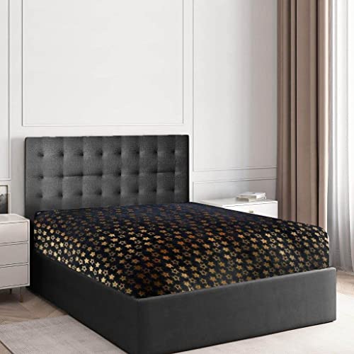 GC GAVENO CAVAILIA Teddy Fleece Star Foil Duvet Set, Super Soft Fluffy Cosy Warm Shiny Bedding & Bedsheet, 2 Piece Easy Care DuvetCover & Deep Elastic Band Bedlinen, Charcoal, Double Fitted Sheet