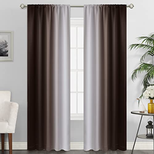 SimpleHome Brown Ombre Rod Pocket Curtains for Bedroom,52Wx84L - Room Darkening Light Blocking Gradient Sage Green to Greyish White Thermal Insulated Curtains for Living Room,2 Panels