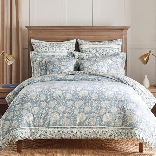 Levtex Home Adare Blue Reversible Queen Duvet Cover Set (90x94in) with 2 Pillowcases (26x20in) - Floral Bedding - Blue and White - 100% Cotton Queen Size Duvet Cover Set - Soft, Pre-Washed