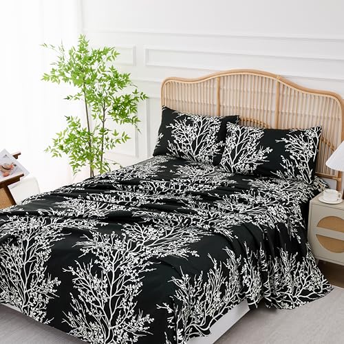 Spirit Linen - King Sheets, 4-Piece Set with Matching Pillowcases, Cozy Bedding for All Seasons, Elegant Inspired Room Decor (Foliage Black/White, King)