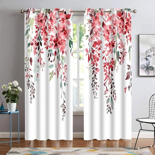 EOTDMS Red Watercolor Floral Curtains, 52x84 inch, 2 Panels - Botanical Leaves Vine Flowers, Rustic Farmhouse, Blackout Window Treatment, For Bedroom Living Room