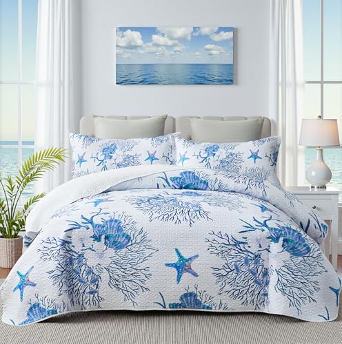 weesire Coastal King Size Quilt with 2 Shams, Nautical Comforter Sets, Ocean Bedspreads Blue Starfish Coverlet Summer Bedding, 96''x106''
