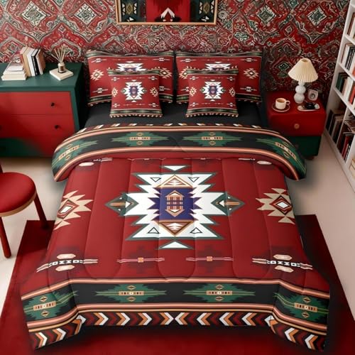 Erosebridal Western Twin Comforter Set with Sheets - Boho Decor Geometric 7 Piece Bedding Set Bohemian Aztec Bed in a Bag, Ethnic Tribal Arrow Room Decor,Red