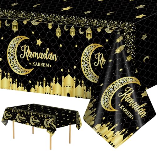 2 Pcs Ramadan Tablecloth - Plastic Black Gold Ramadan Kareem Table Cloth, Disposable Rectangle Eid Moon Star Table Cover for Ramadans Mubarak Home Party Supplies Decorations Table Decor, 108 x 54 Inch
