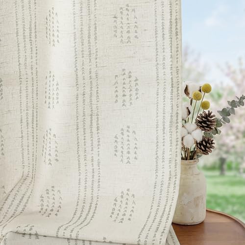 ugoutry Boho Linen Curtains for Bedroom Living Room Sage Green Farmhouse Boho Curtains 96 Inches Long Geometric Striped Patterned Mudcloth Grommet Top Western Window Drapes 2 Panels Green on Beige