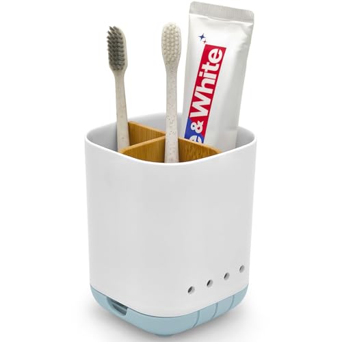Toothbrush Holder with Bamboo Divider,Detachable for Easy Cleaning Bathroom Countertop Organizer,Plastic 3 Slots Electric Toothbrush and Toothpaste Holders Storage Caddy for Bathroom Vanity,Sink-Blue