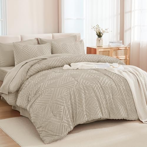 Andency Super King Plus Comforter 128x120, Oatmeal - 7 Pieces, Bed in a Bag, Extra Large King, Soft Lightweight Fluffy Polyester, Elegant Boho Tufted Reversible Bedding Set