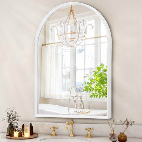 "HLFMVWE Arched Wall Mirror, Brushed Metal Frame Mirror, Arch Bathroom Vanity for Living Room Bedroom Mantel Entryway Hallways Home Decor Aluminum Alloy Frame 20""x16"""