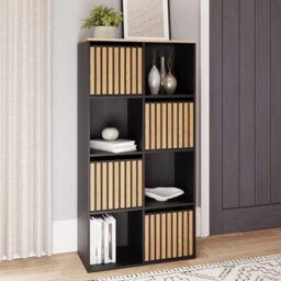 GFW Kube Storage Unit with Open & Hidden Storage, Black & Oak Effect Shelving Unit for Living Room, Bedroom or Office